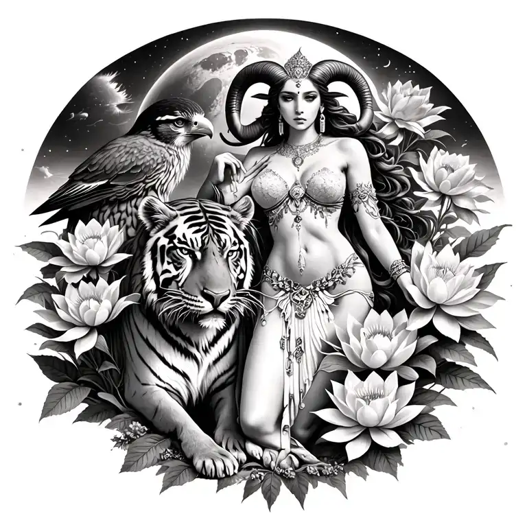 sexy aries goddess surrounded by poeny and lotus flowers growing with a tiger and a hawk with mars in the background  tattoo design idea