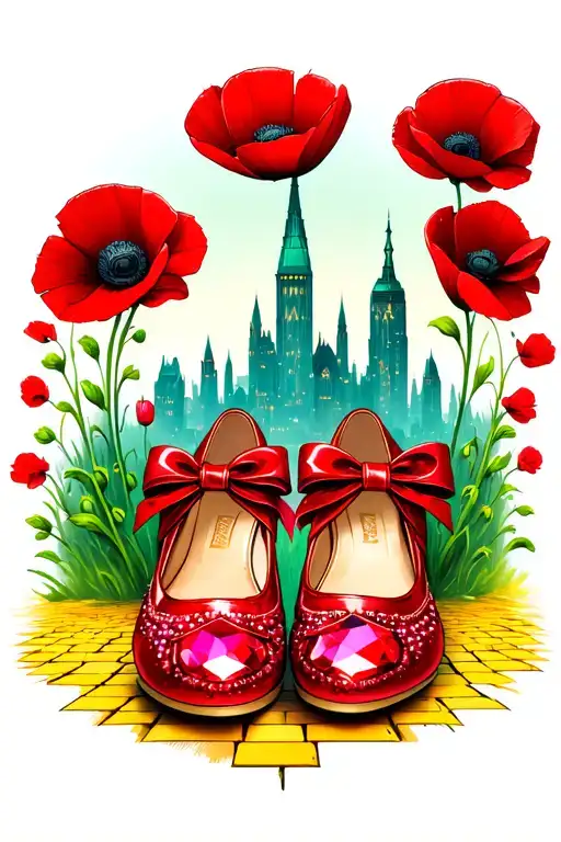 two sparkly flat red ruby shoes with bows on toe and the emerald city surrounded by poppies and yellow brick road tattoo design idea