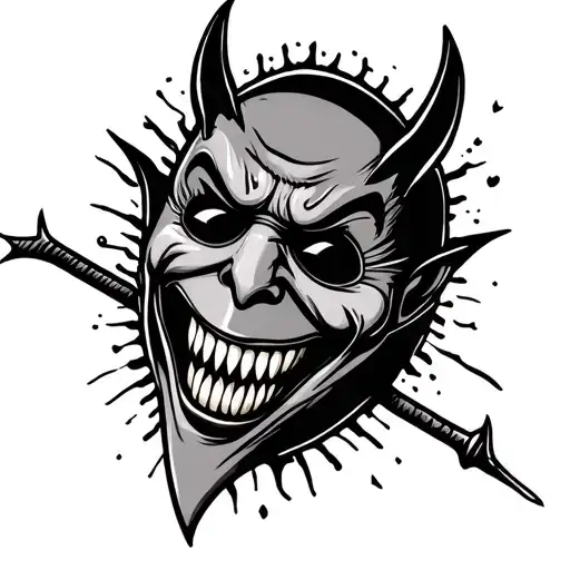 dark evil dangerous comedy mask surrounded tattoo design idea