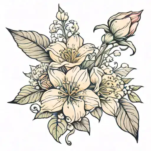 feburary, march, june, december birth flower bouquet tattoo design idea
