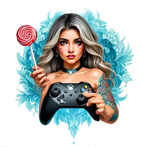 Lady's Chest, With Boobs, With Lollipop In Hand And Xbox Controller In Second Hand Tattoo tattoo design idea