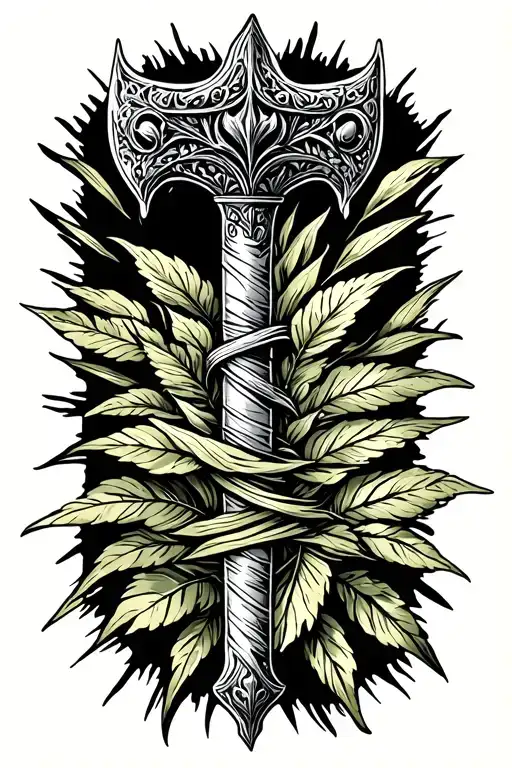 medieval mace weapon wrapped in plants with sun ray background tattoo design idea