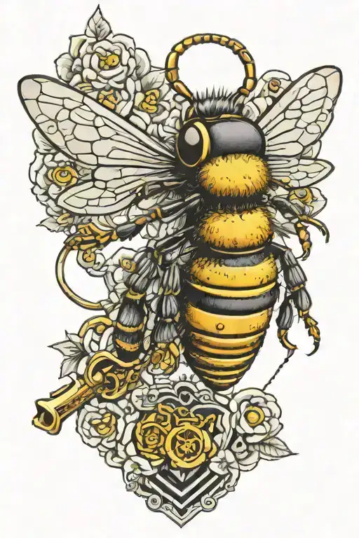 honeybee carrying key to heart shaped lock tattoo design idea