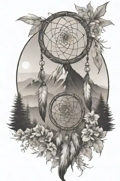 dream catcher, mountain landscape tattoo design idea