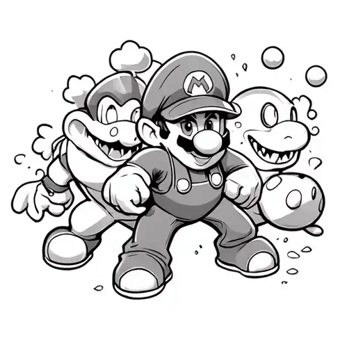Mario, luigi, and toads fight bowser and ghosts and bombs involved tattoo design idea