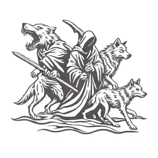 Grim Reaper holing 3 wolf's tattoo design idea