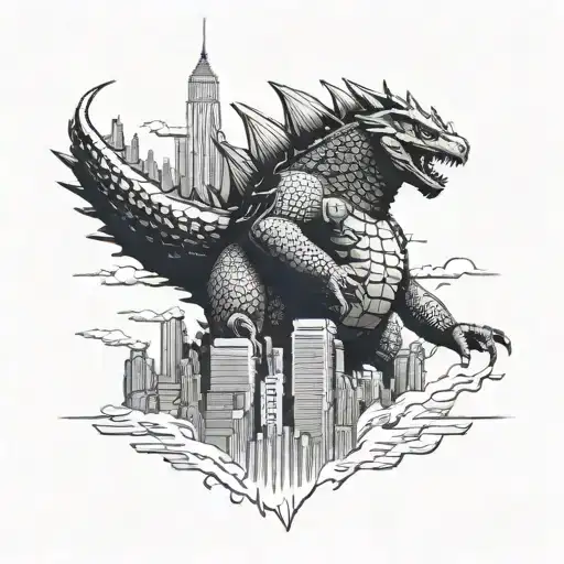 Godzilla towering over skyscrapers tattoo design idea