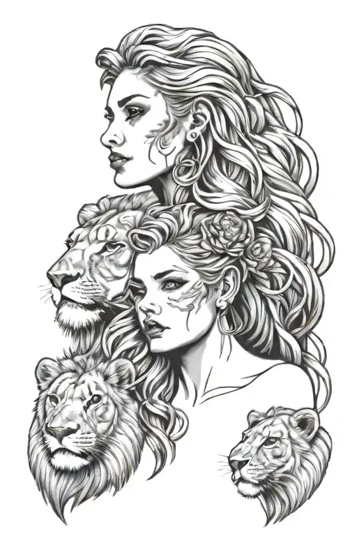 girl and lions head faced tattoo design idea