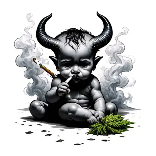 baby devil rolling a weed joint surrounded by smoke tattoo design idea