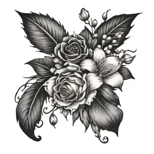 Aster Flower, rose, lily of the valley bouquet tattoo design idea