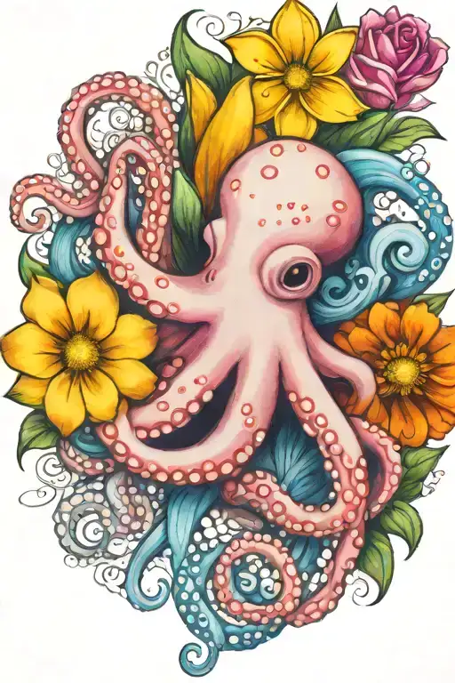 octopus, white snowdrop, rose,  marigold flower tattoo design idea