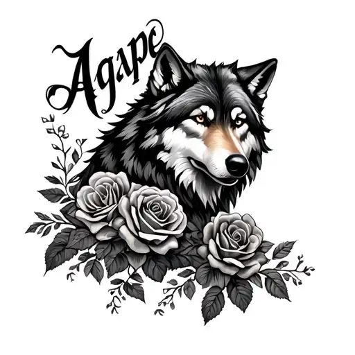 Script "Agape" with a wolf and roses growing tattoo design idea