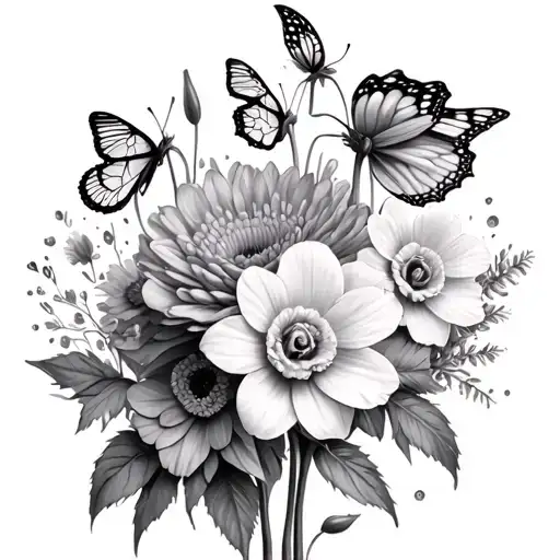 2 Narcissus And 1 Chrysanthemum 2 carnations 2 violets 2 asters 2 roses 3 butterflies  tattoo design idea