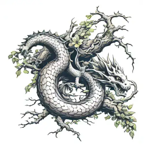 ouroboros dragon emerging into tree growing tattoo design idea