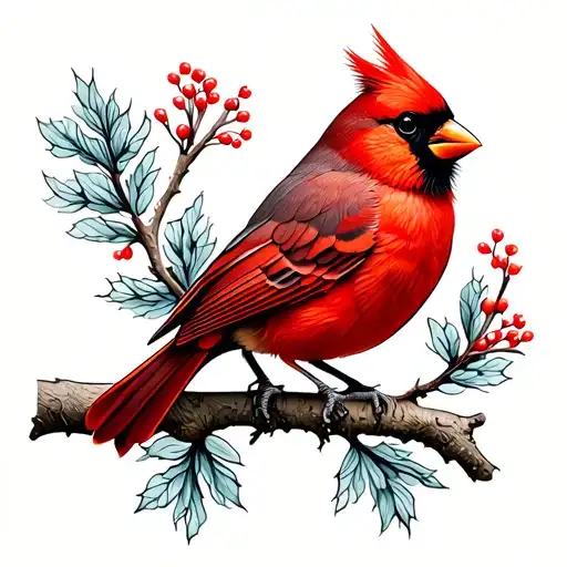 A northern red cardinal perched peacefully on a delicate branch, symbolizing a spiritual presence. I want it to represen tattoo design idea