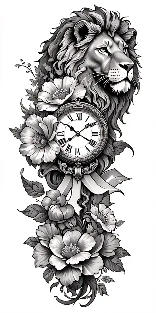 flowers, lion, ribbon eeith clock tattoo design idea