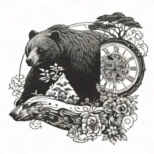 An intricate clock face surrounded by elements of nature and two black bears peeking out from behind tattoo design idea