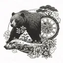 An intricate clock face surrounded by elements of nature and two black bears peeking out from behind tattoo design idea