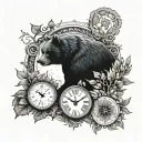 An intricate clock face surrounded by elements of nature and two black bears peeking out from behind tattoo design idea