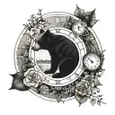 An intricate clock face surrounded by elements of nature and two black bears peeking out from behind tattoo design idea