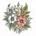  an field of morning glory, aster, carnation, snowdrop, violets, primroses, holly, narcissus, marigold, cosmos outline tattoo design idea