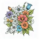  an field of morning glory, aster, carnation, snowdrop, violets, primroses, holly, narcissus, marigold, cosmos outline tattoo design idea
