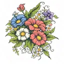  an field of morning glory, aster, carnation, snowdrop, violets, primroses, holly, narcissus, marigold, cosmos outline tattoo design idea