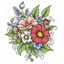  an field of morning glory, aster, carnation, snowdrop, violets, primroses, holly, narcissus, marigold, cosmos outline tattoo design idea