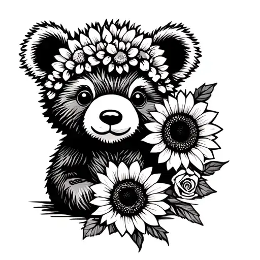 cute baby bear with sunflowers and roses tattoo design idea