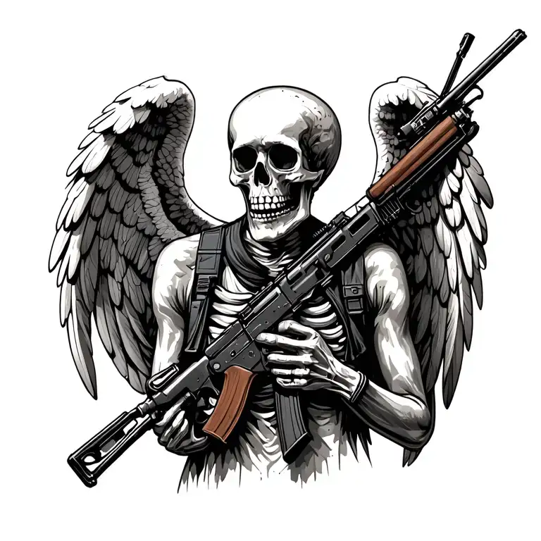 Sceleton With angel wings holding ak 47 rifle tattoo design idea