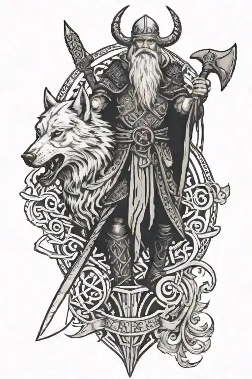odin with a viking axe and the wolf fenrir with nordic runes with knot design  tattoo design idea
