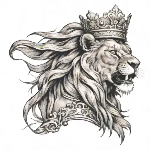 lion roaring , king crown , women face profile holding tattoo design idea