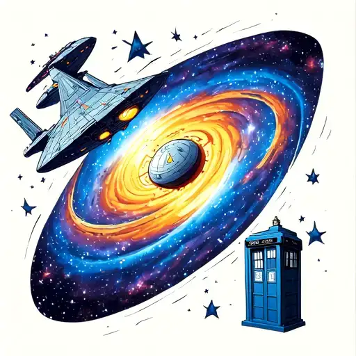 a swirling galaxy with a Star Trek enterprise ship on one side and doctor who tardis on the other side of the galaxy  tattoo design idea