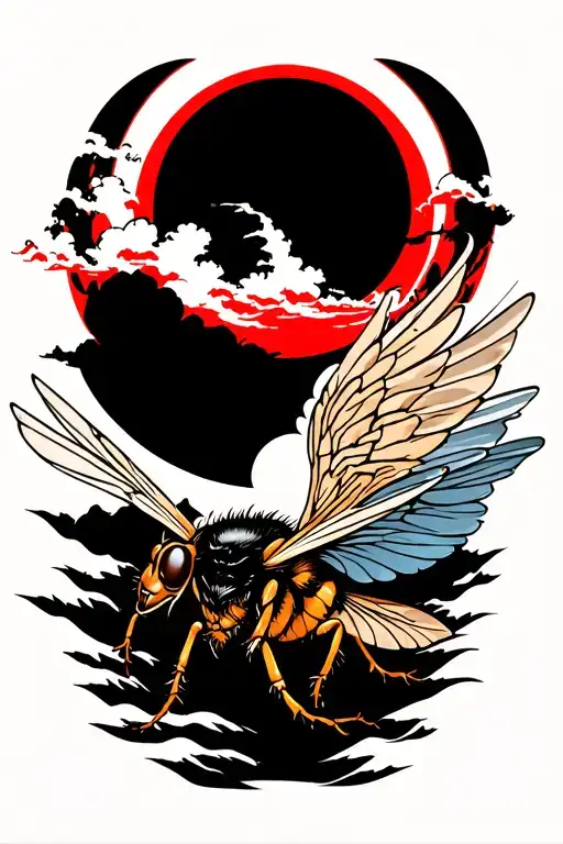 single hornet flying toward red sun tattoo design idea
