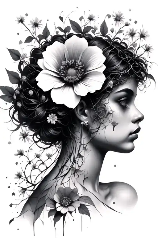 Broken mirrior as woman silioette with flower as a head and tiny flowers flowing form the head tattoo design idea