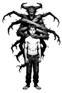 a boy standing with a scary demon wrapped around him tattoo design idea