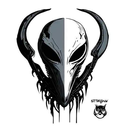 Tattoo in the style of the movie alien, mixed with cyber sigilism tattoo design idea