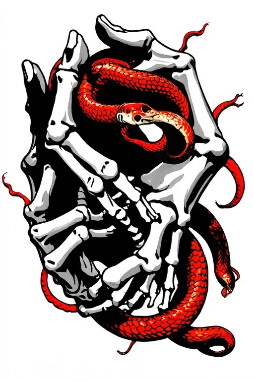 a skeleton hand holding a real hand with a red snake wrapped around them tattoo design idea