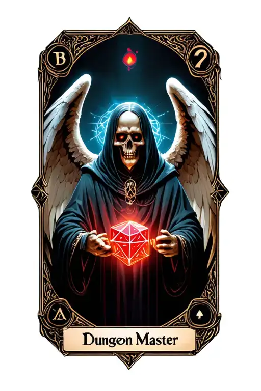 "Dungeon Master " "Dungeon Master " "Dungeon Master " pagan, tarot card, card face, D20 dice, Dungeon Master, fantasy, angel of death, Dungeons and dragons  tattoo design idea