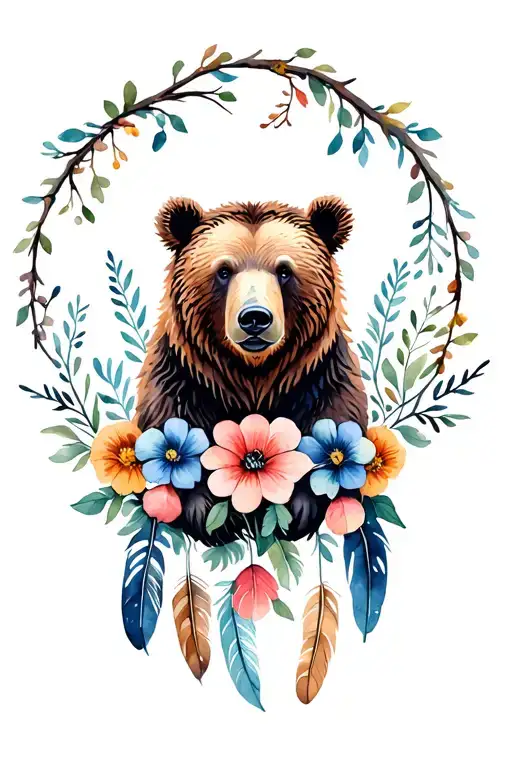 grizzly bear with flowers and feathers hanging tattoo design idea