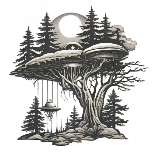 alien abduction with pine trees tattoo design idea