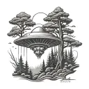 alien abduction with pine trees tattoo design idea