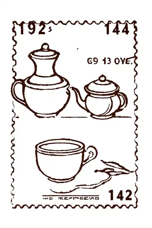 stamp, with the dates 1939 and 1942 in corners. in stamp a set of tea for two with a pot, a newspaper tattoo design idea