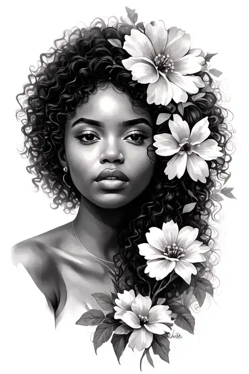 female face with flowers black woman with thin strokes and curly hair tattoo design idea