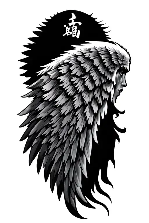 angel wing, Japanese symbol, and 222 tattoo design idea