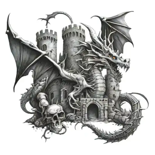 Dragon protecting castle ruins intertwined littered with skull and bones at bottom tattoo design idea