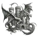 Dragon protecting castle ruins intertwined littered with skull and bones at bottom tattoo design idea