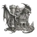 Dragon protecting castle ruins intertwined littered with skull and bones at bottom tattoo design idea