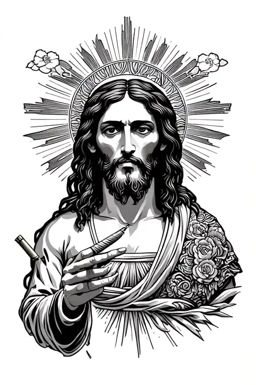 Classic Jesus imagery but modernized with the joint, chill posture, maybe sunglasses or dreadlocks.Jesus with a joint/bl tattoo design idea