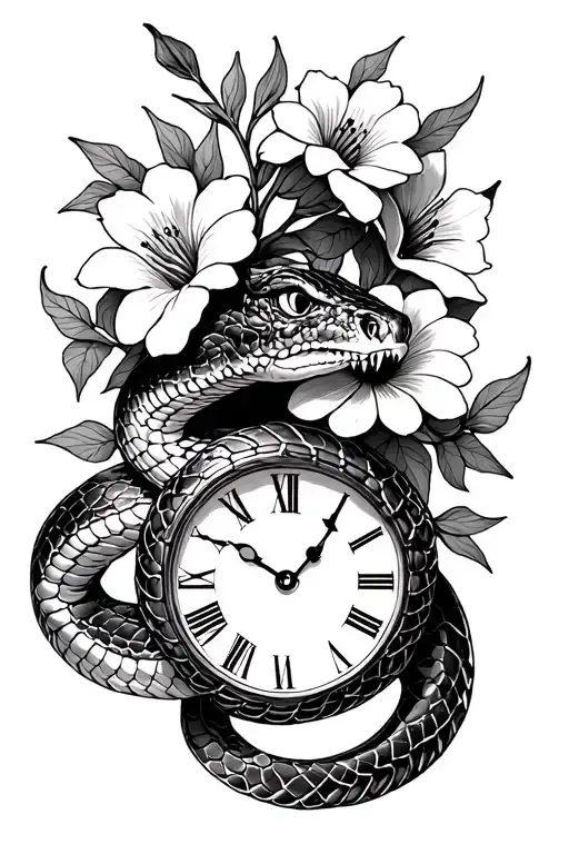 rattlesnake, clock, thornes, flowers tattoo design idea
